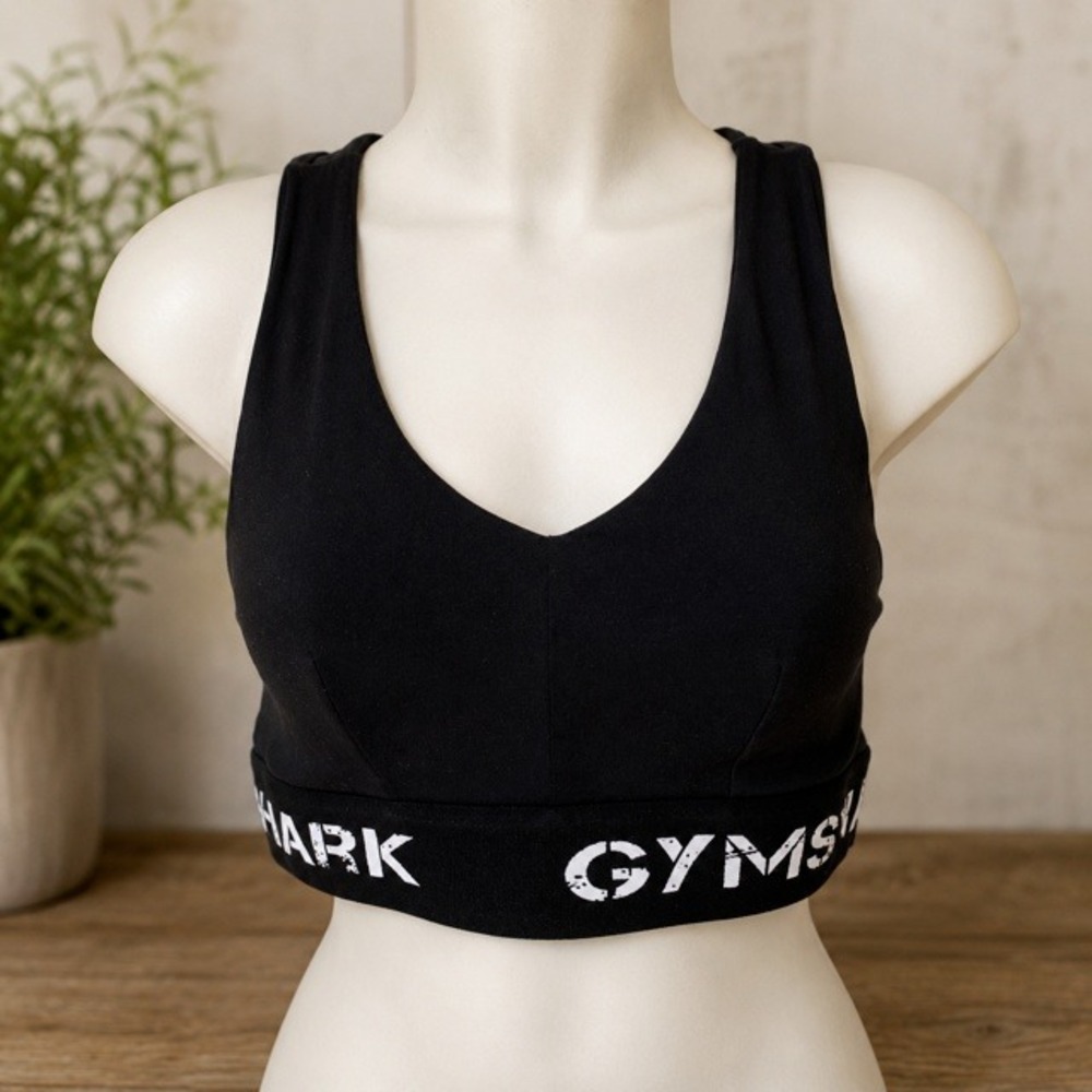 Gymshark Sports Bra Small Black Racerback Logo Band Removable Pads Workout